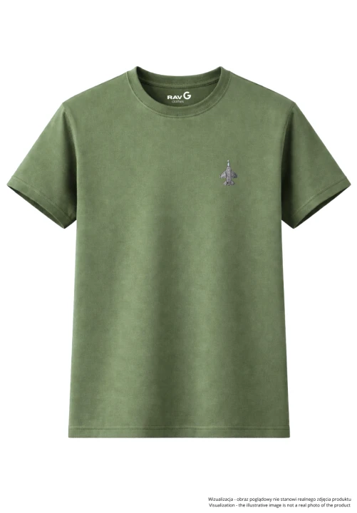 Oliwkowa koszulka z minimalistycznym haftem myśliwca odrzutowego. Styl military i streetwear w nowoczesnym wydaniu. Wygodna bawełna, uniwersalny krój i subtelny design idealny na co dzień.